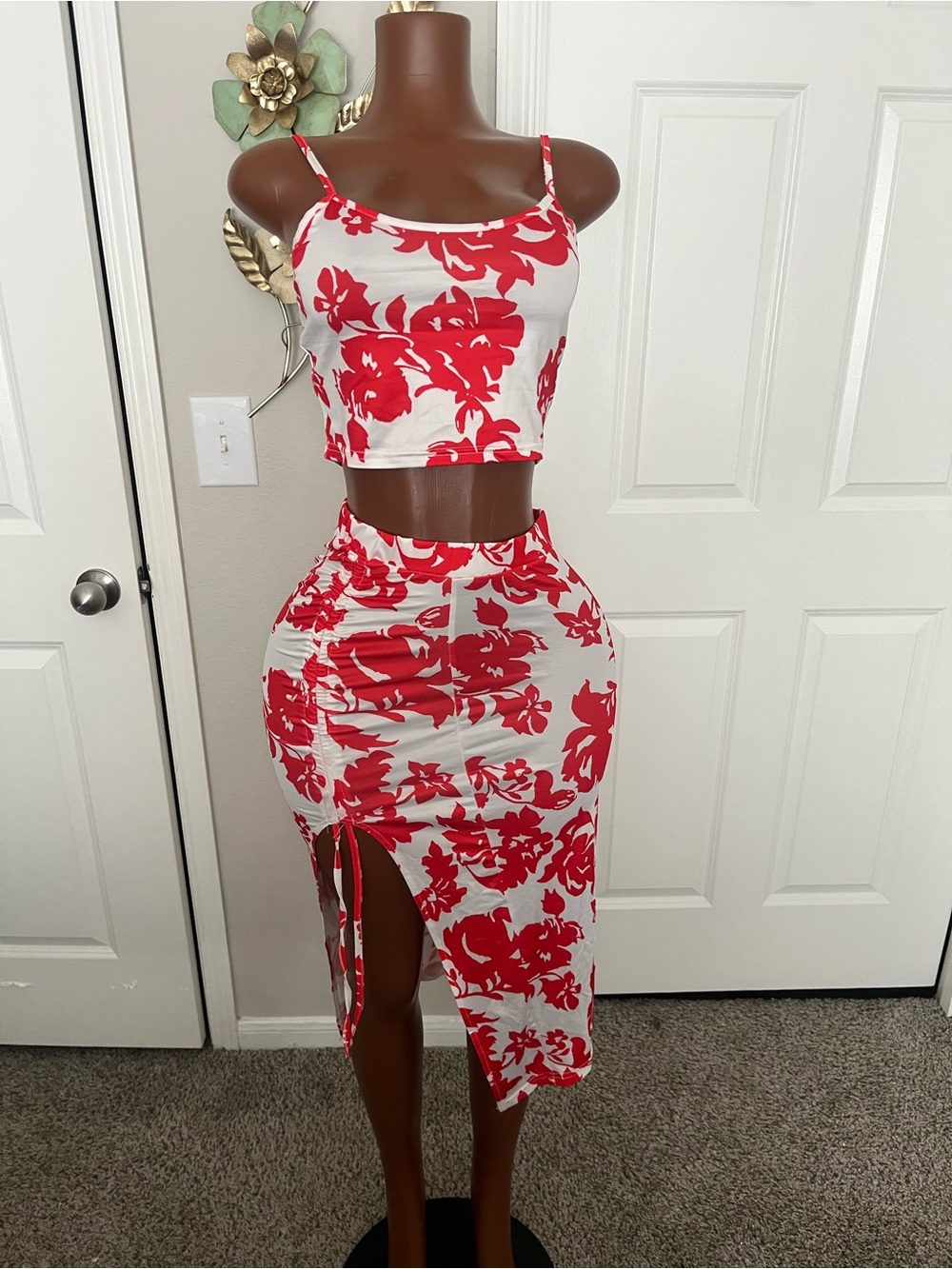 Women's Red Floral Midi Skirt - Casual Summer Style
